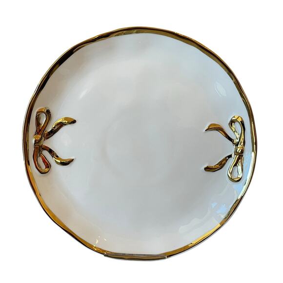 Hand Painted Coquette Gold Bow Salad Plates 9in White Ceramic Set of 4 Holiday - Picture 2 of 10